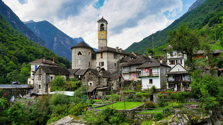 Stone buildings in the mountain village of Lavertezzo in Switzerland