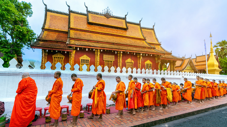 Buddhist monks process through the streets of Luang Prabang, Laos.