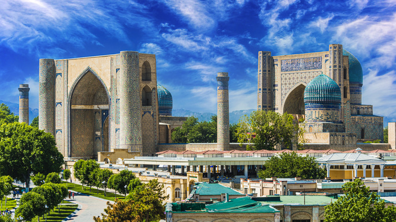 Intricate buildings with blue domed rooftops in Uzbekistan