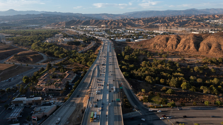 Afternoon rush hour traffic passes on the 5 freeway through downtown Santa Clarita.