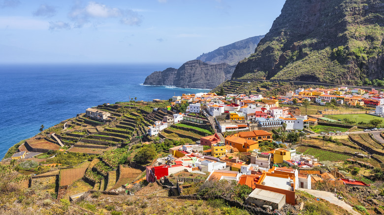 A coastal village sits on the edge of the rugged coast of a Canary Island