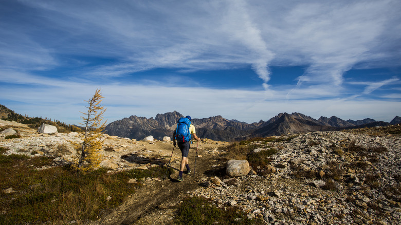 A thru-hiker on the Pacific Crest Trail with mountains in the distance.
