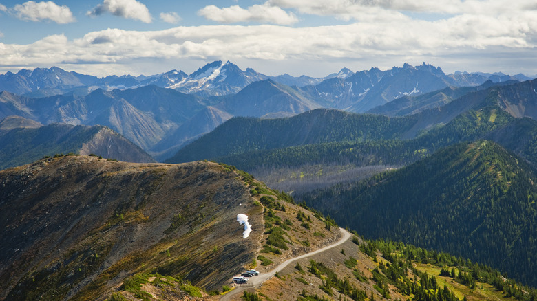 A panoramic vista where the PCT traverses Hart's Pass in Washington is seen from aboce