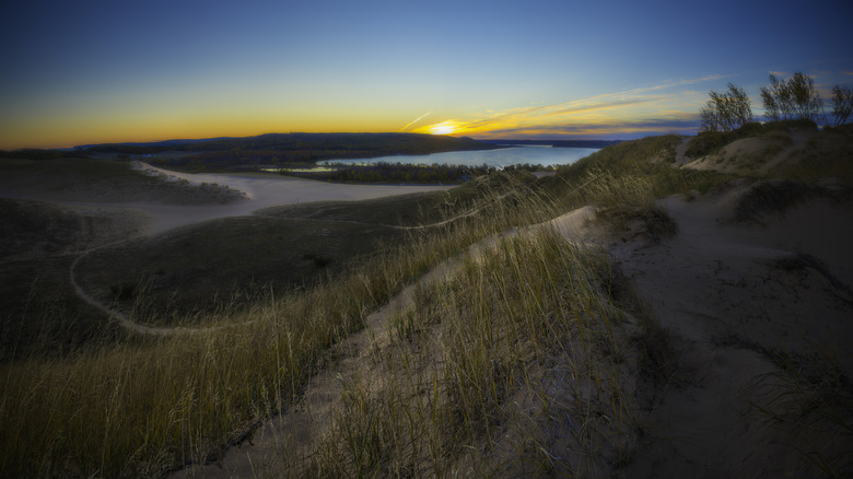 Sunset over sand dunes in Michigan