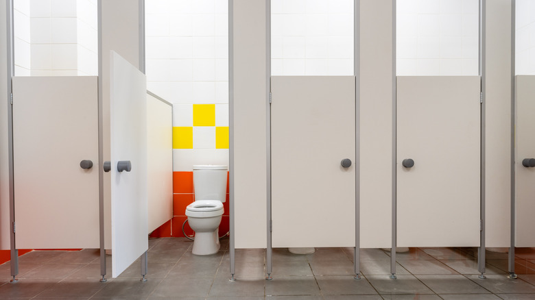 Public bathroom with one stall door open