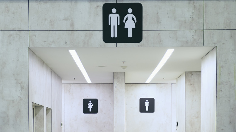 Restroom sign and doors