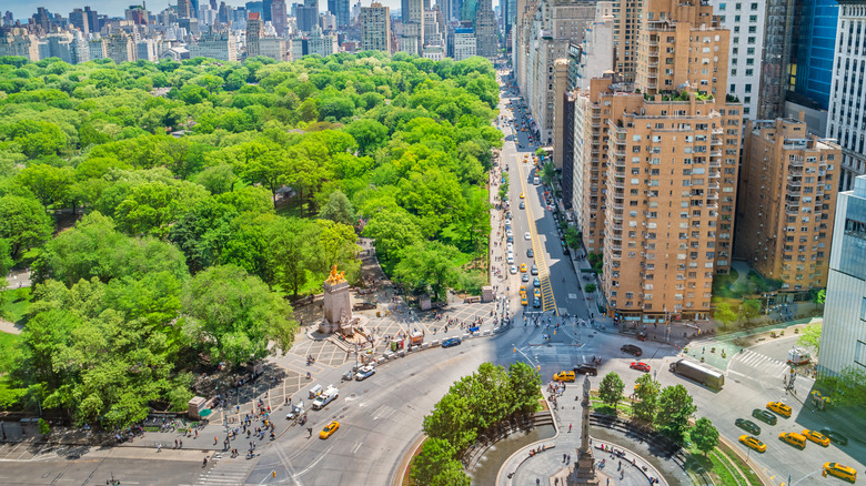 Aerial view of Columbus Circle on the southeast corner of Central Park, New York City