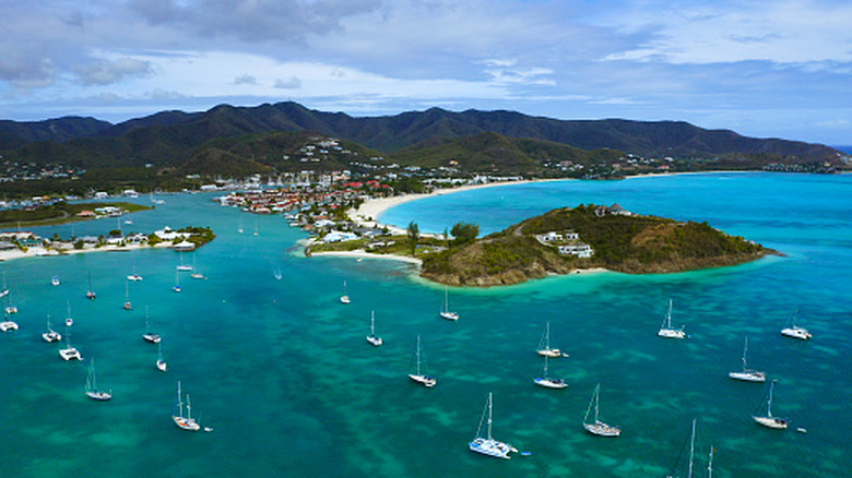 An aerial view of Jolly Harbour Beach, Antigua