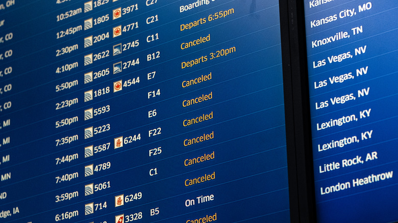 Canceled flight board at an airport