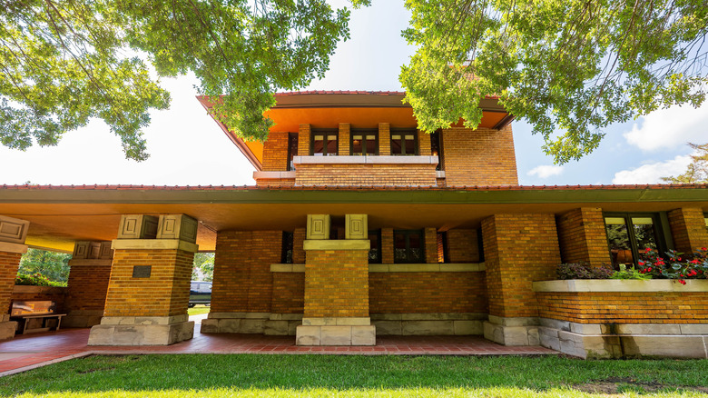 Tan brick exterior of Frank Lloyd Wright's Allen House in the College Hill neighborhood of Wichita Kansas