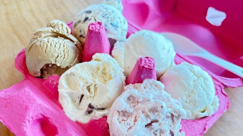 A flight of ice cream scoops in a pink egg crate served at Wandering Cone