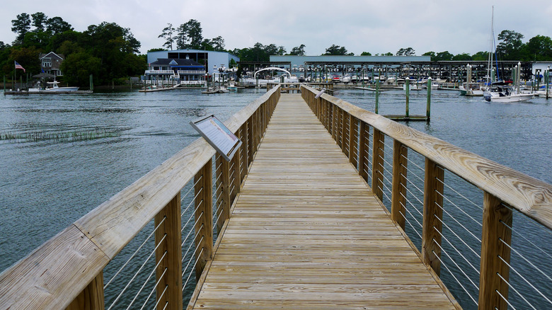 pier leading out into marina with boats