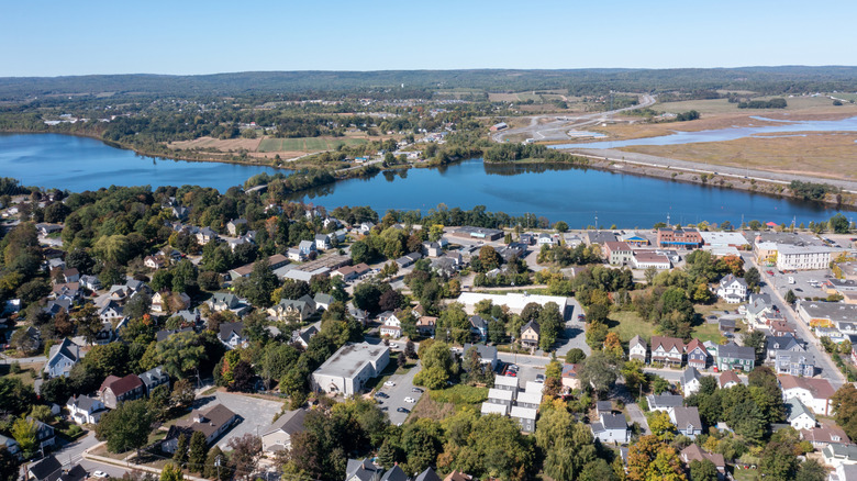 Aerial view of houses, ponds, and streets over Windsor, Canada.