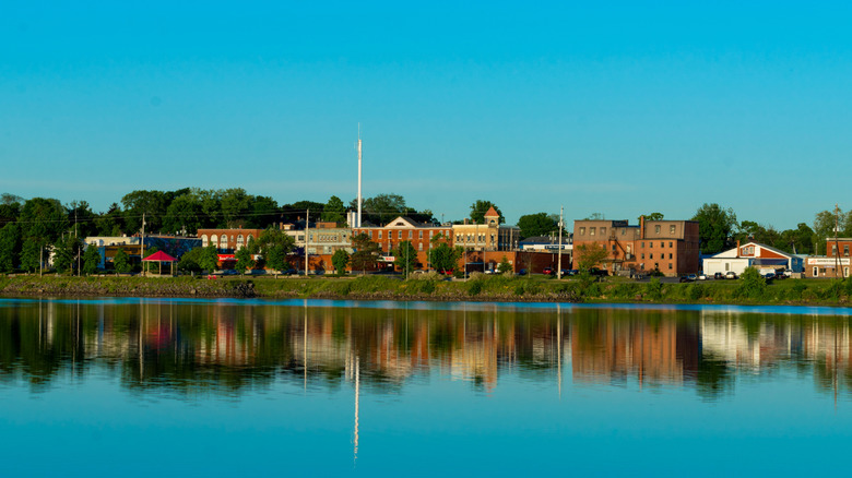 View of buildings in downtown Windsor from the Avon River.