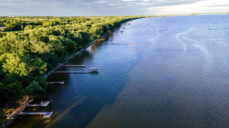 An aerial photo of the Lake Winnebago shore with docks