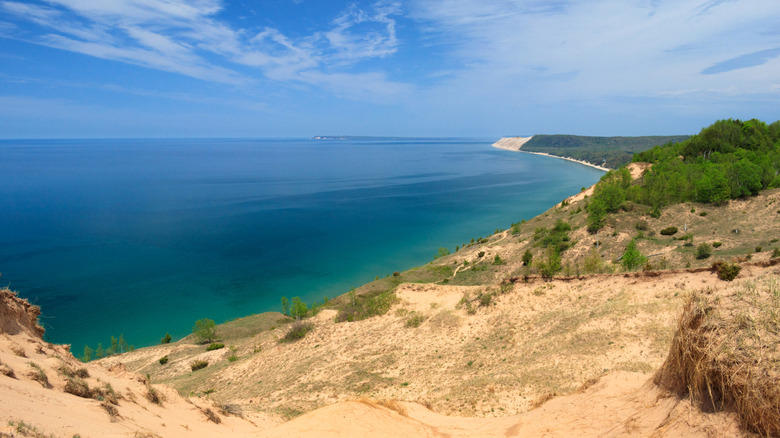 dunes and forested shoreline on the Michigan side of Lake Michigan