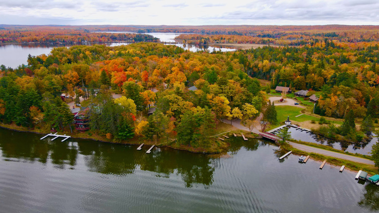 a peninsula with piers and forest on Lake Namakagon in Cable, Wisconsin