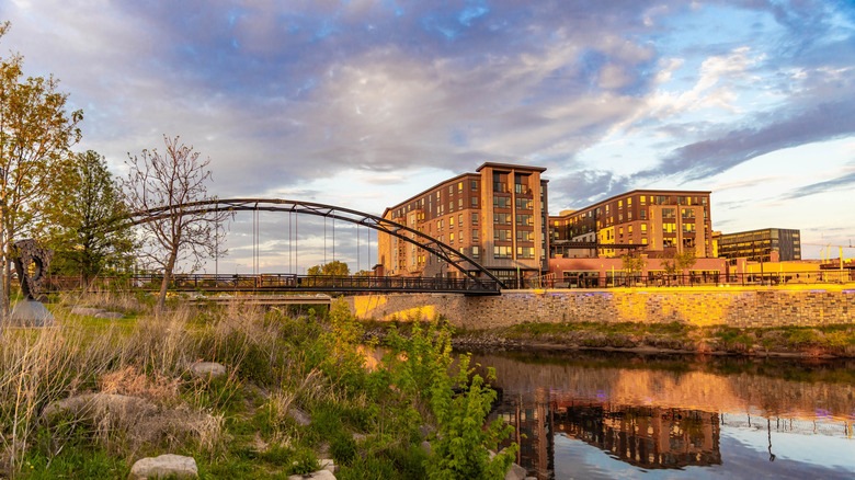 Downtown landscape as seen from the Phoenix Park Footbridge in Eau Claire, Wisconsin