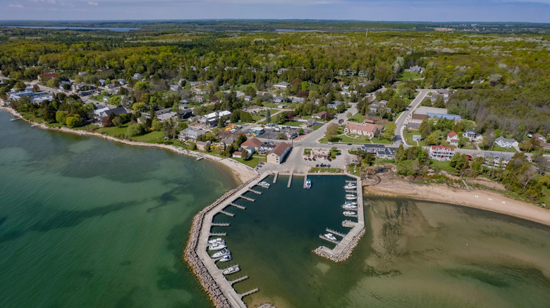 The Baileys Harbor Marina on a sunny day