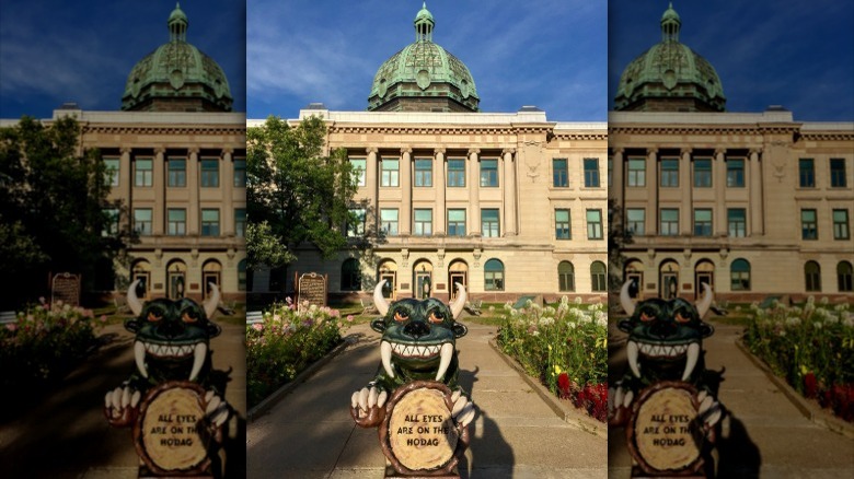 Hodag statue in front of an ornate public building in Rhinelander, Wisconsin