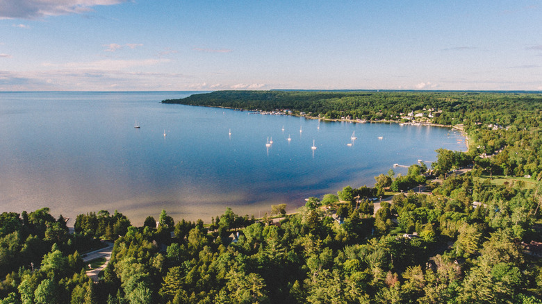 An aerial view of Ephraim, Wisconsin, and Eagle Harbor