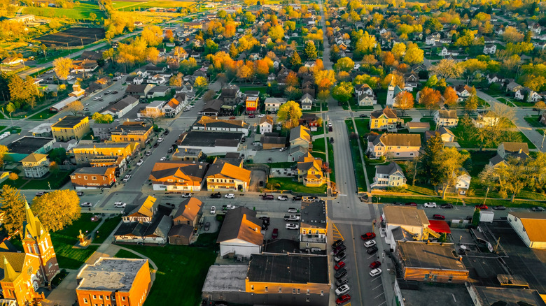 Overhead shot of New Glarus, Wisconsin, known as America's Little Switzerland