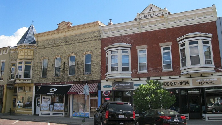 Historical brick shops on Main Street in Evansville