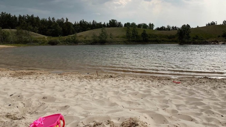A sandy beach on Wisconsin's Wazee Lake with a tree-lined shore opposite