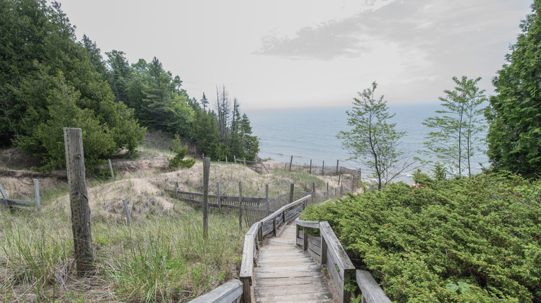 A wooden walkway descending to Lake Michigan