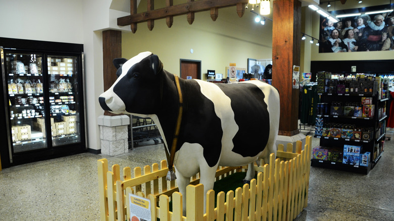 Cow statue in a fenced in pen in the middle of a store
