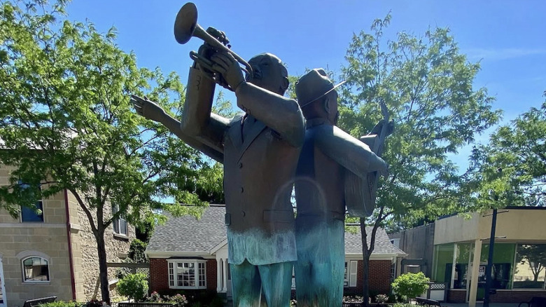 The top of a blues-themed fountain in Paramount Plaza, Grafton, Wisconsin