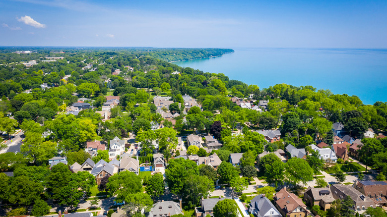 Aerial view of Whitefish Bay Wisconsin looking north featuring Lake Michigan