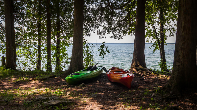 Kayaks on the shore of Lake Michigan