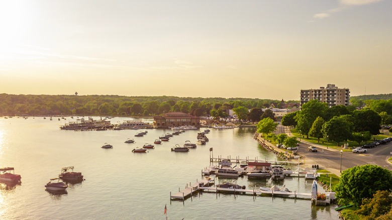 Aerial drone photo of boat piers and docks in Lake Geneva, Wisconsin