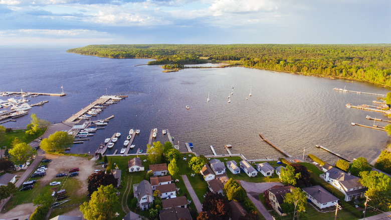 Marina with boats in the harbor at Fish Creek