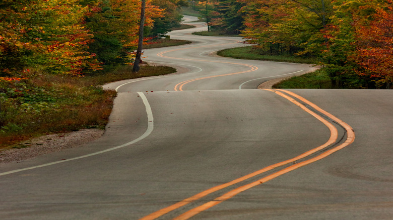 A road winds through fall colors in Wisconsin
