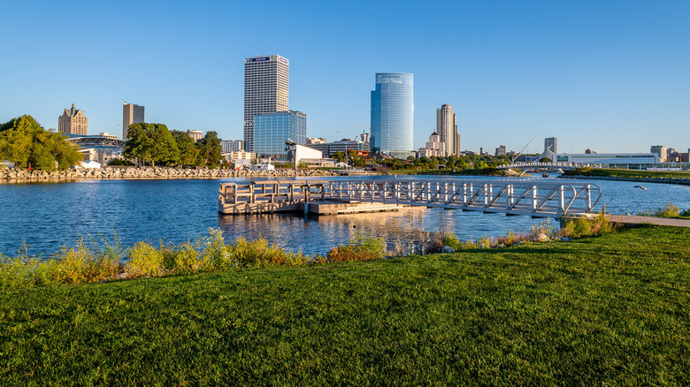 Views of Milwaukee from the pier at Lakefront State Park.