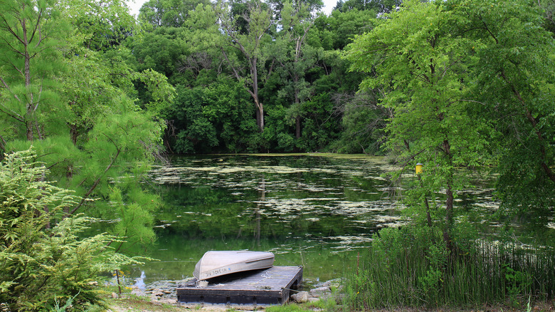 A rowboat on a small pier in Janesville, Wisconsin