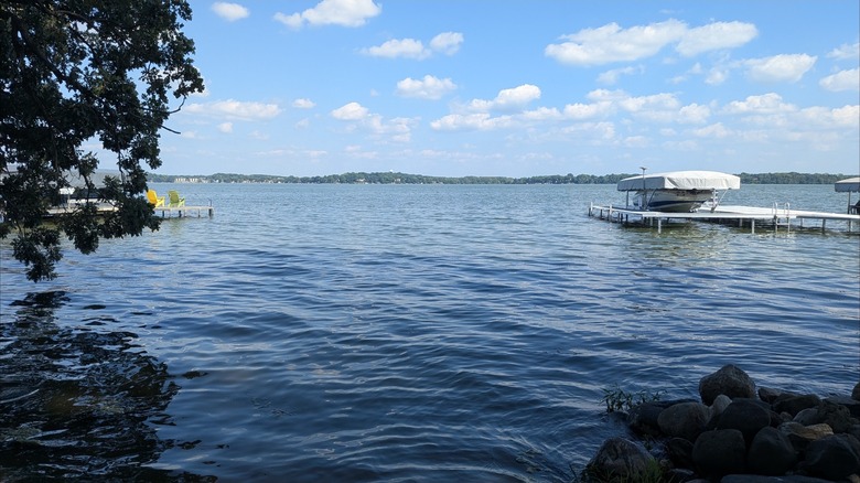 Wooden dock with a covered boat at Capital Springs State Recreation Area, Madison, Wisconsin