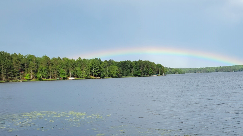 Rainbow along the forested shoreline of Teal Lake in Wisconsin