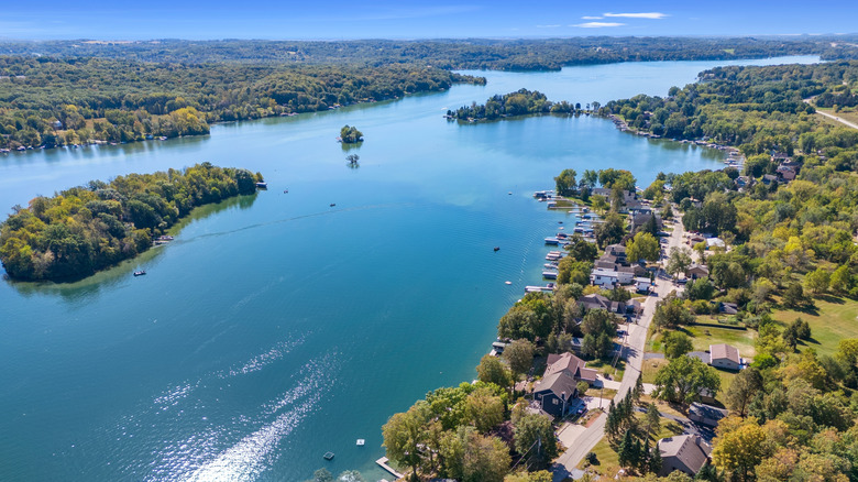 Big Cedar Lake and surrounding trees and homes in Washington County, WI.