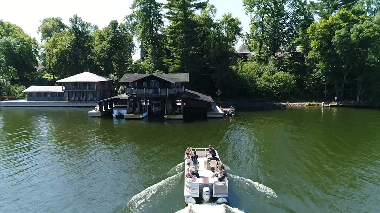 A boat approaching Stout's Island Lodge, Wisconsin