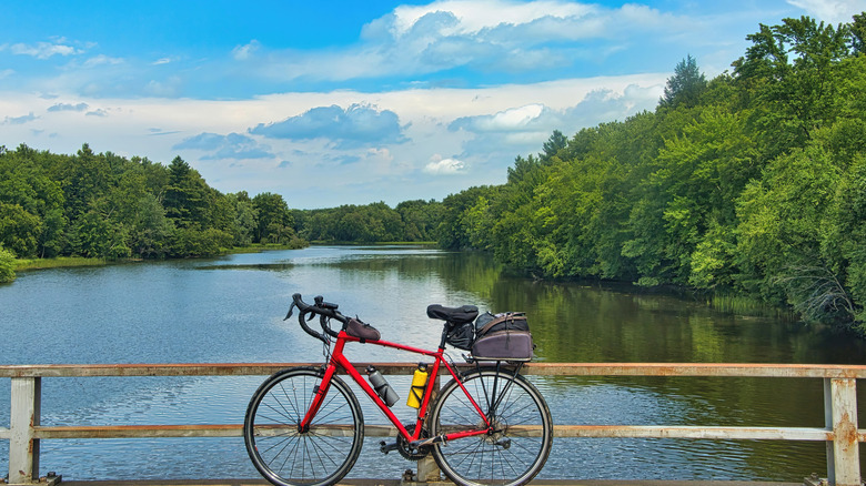 A red bike at Brunet Island State Park in Wisconsin