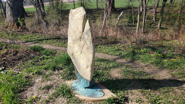 Stone monument by a trail in the Cross Plains State Park in Wisconsin