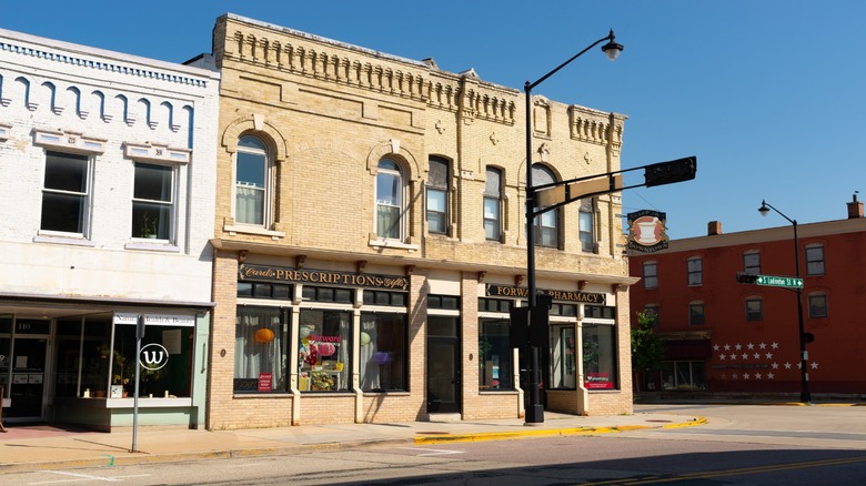 Exterior of downtown building and storefront in Columbus, Wisconsin