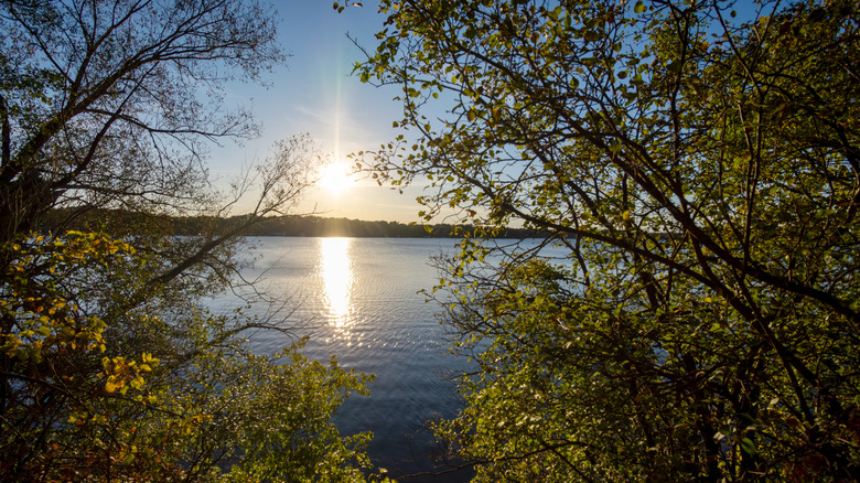 Sun shining over a still lake in Waukesha's Lake Country, Wisconsin