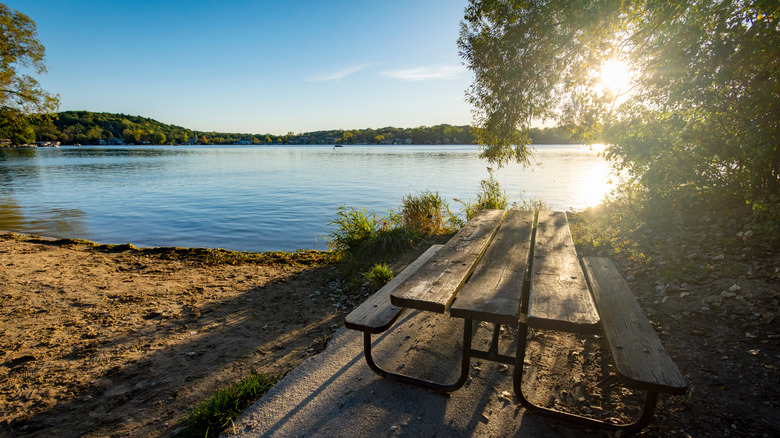A picnic table near a lake in Waukesha County, Wisconsin