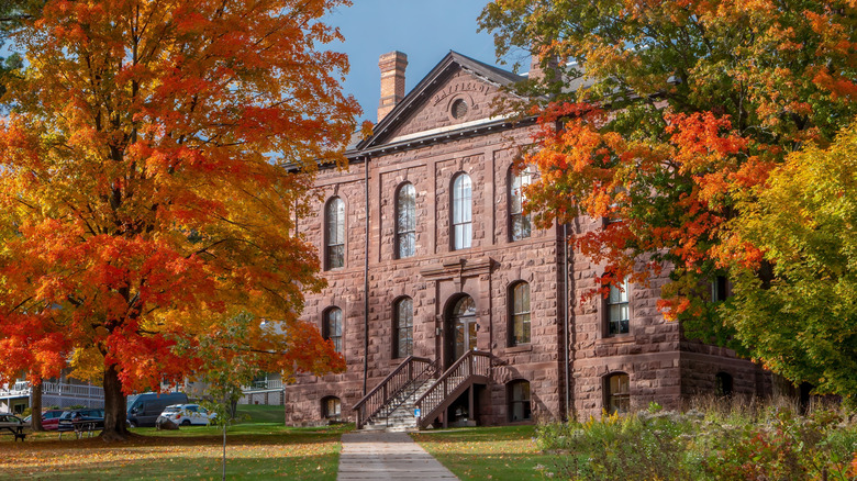 An old stone courthouse surrounded by trees