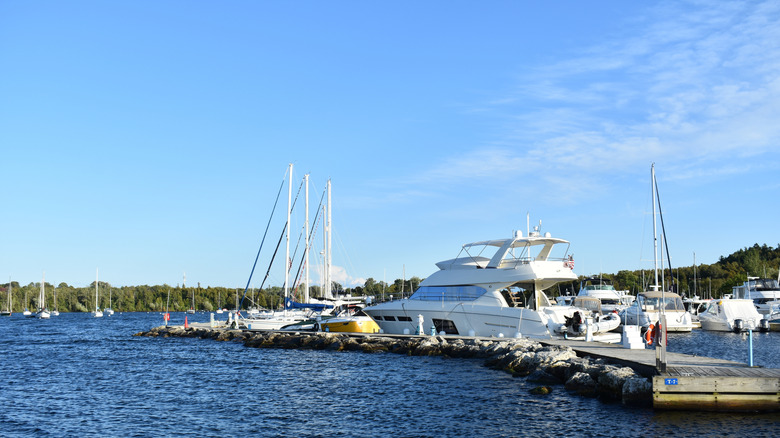 Docked boats at a marina in Egg Harbor, Wisconsin