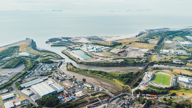 Aerial view of the port and sea in Workington, England